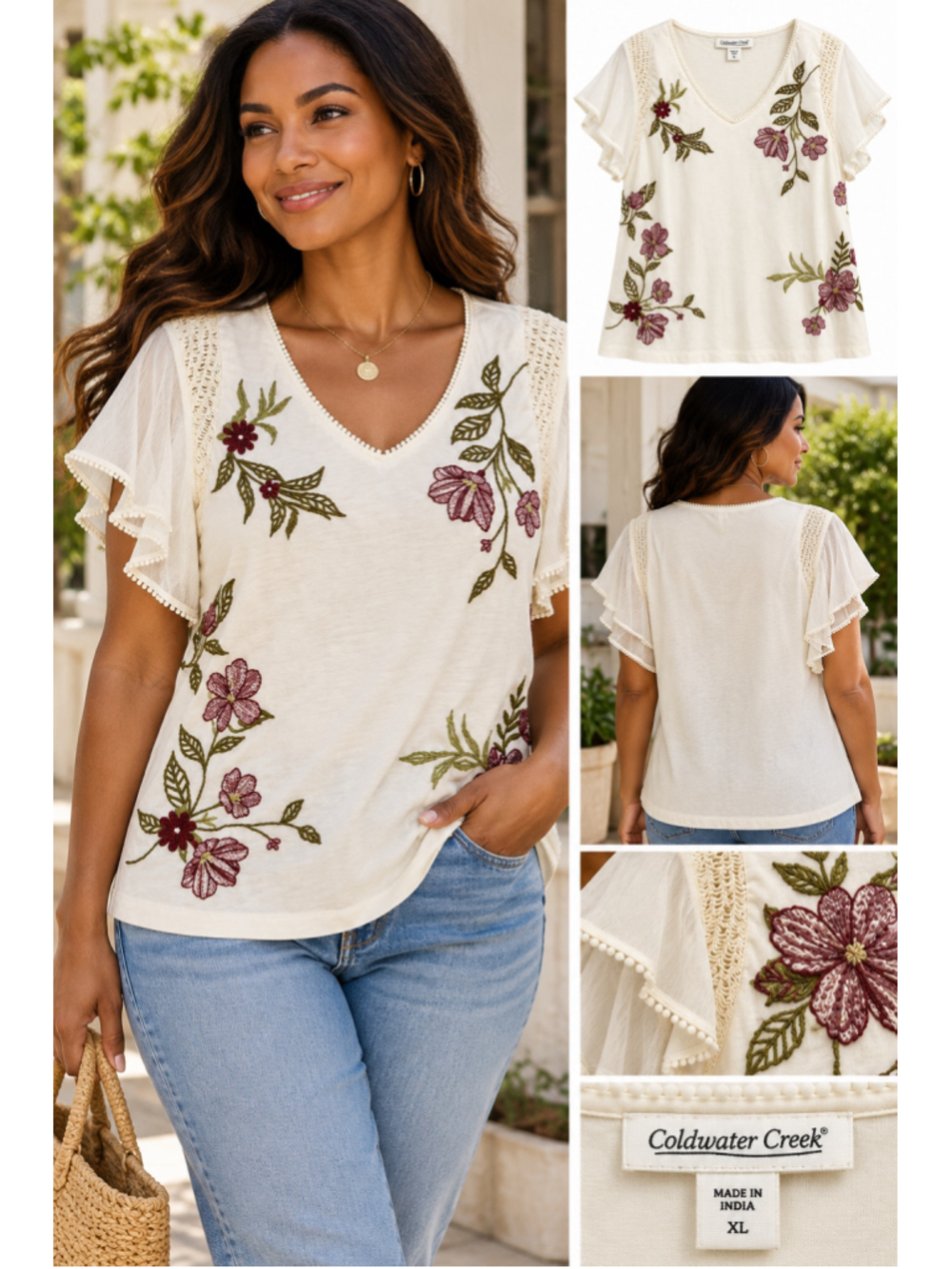 Coldwater Creek XL Ivory Embroidered Floral Flutter Sleeve Boho Top
